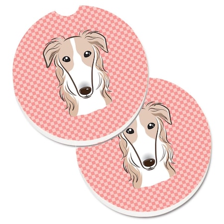 Carolines Treasures Checkerboard Pink Borzoi Set of 2 Cup Holder Car Coaster BB1228CARC